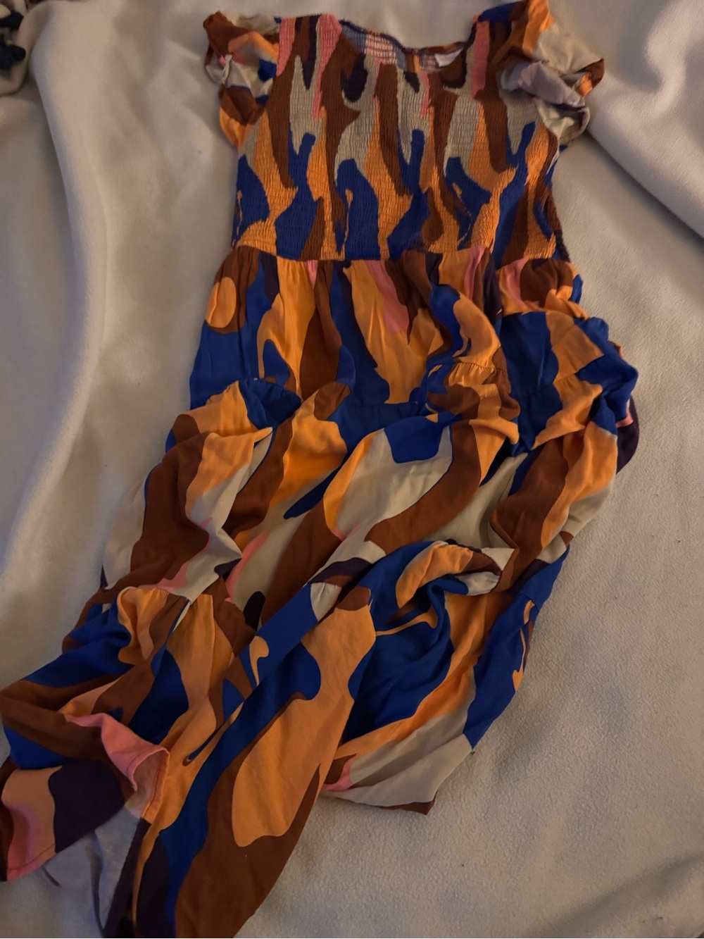 LuLaRoe Brown and Orange Abstract Smocked Dress